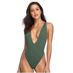 Dixperfect Women Olive Green Plunging V-Neck High Cut One Piece Swimsuit NWT